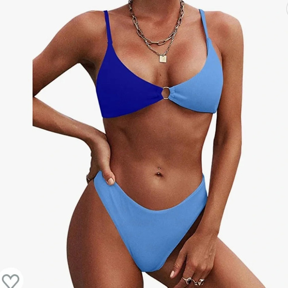 NWT! Women’s blue color block ribbed two piece bathing suit Medium - Picture 1 of 4